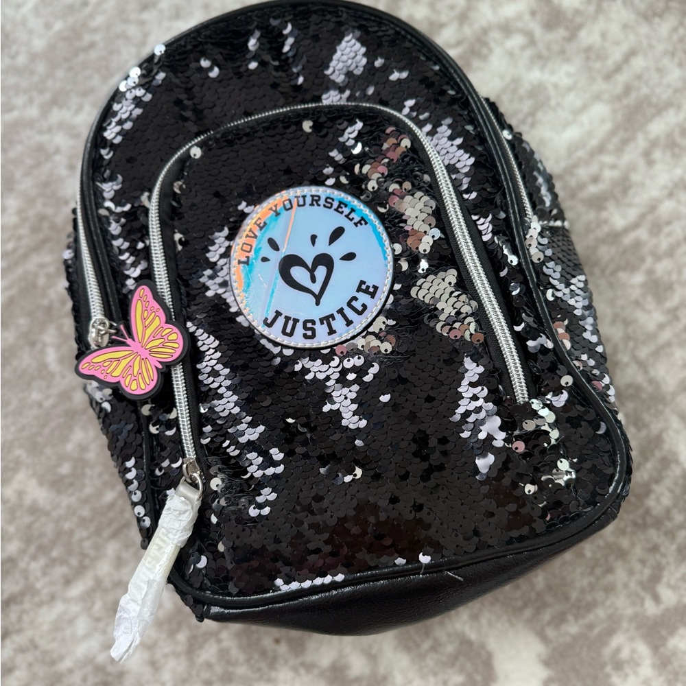 Justice Sequin Backpack with Black and Silver